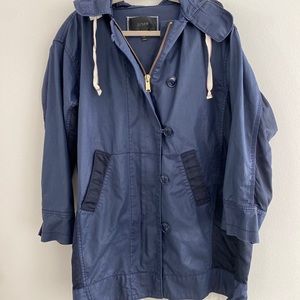 J CREW Women Jacket TRENCH COAT Small Navy Blue Hood Cotton